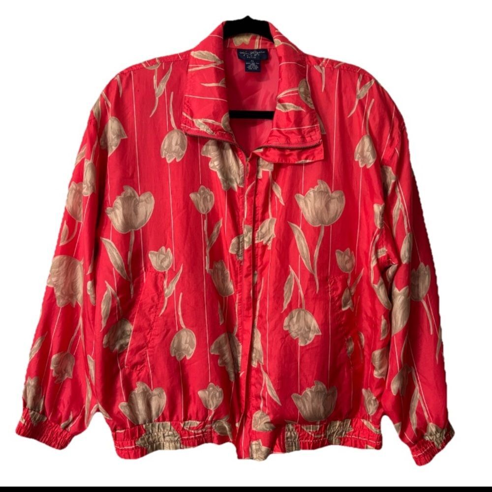 Vintage Silk Jacket Pink Coral Floral 80s 90s Kim Rogers Sport Petite Med Retro*
